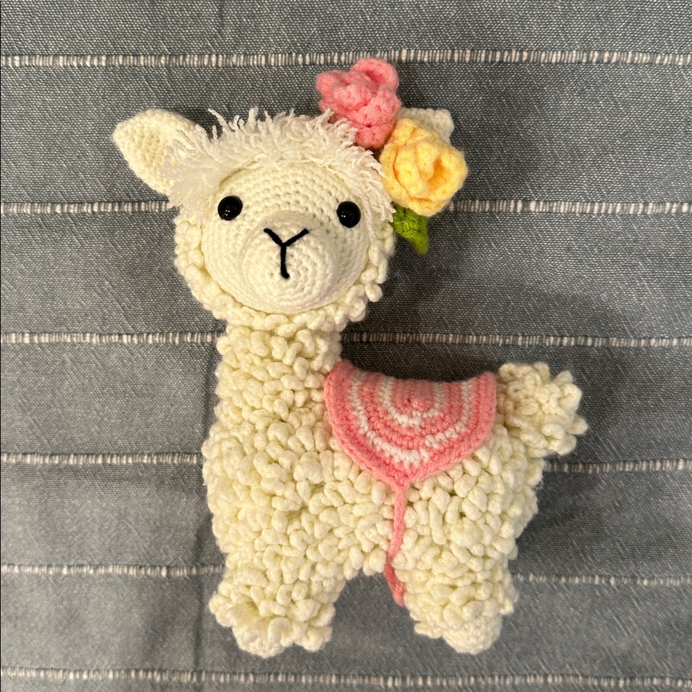 Handmade Crochet Cream Alpaca Plush Toy with Removable Pink Blanket and Flowers